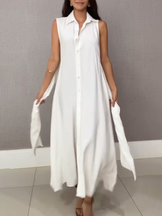 Chic Shirt-Style Midi Dress with Single-Breasted Silhouette and Tie Detail