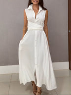 Chic Shirt-Style Midi Dress with Single-Breasted Silhouette and Tie Detail