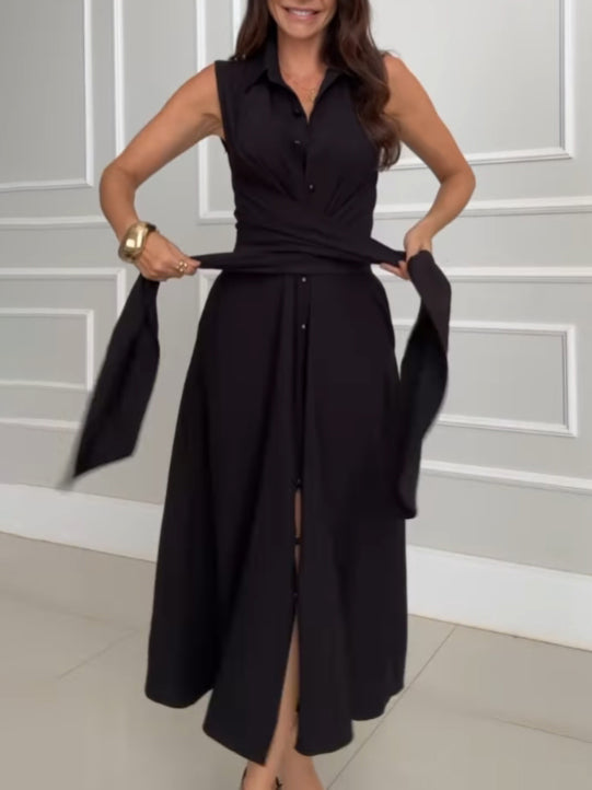 Chic Shirt-Style Midi Dress with Single-Breasted Silhouette and Tie Detail