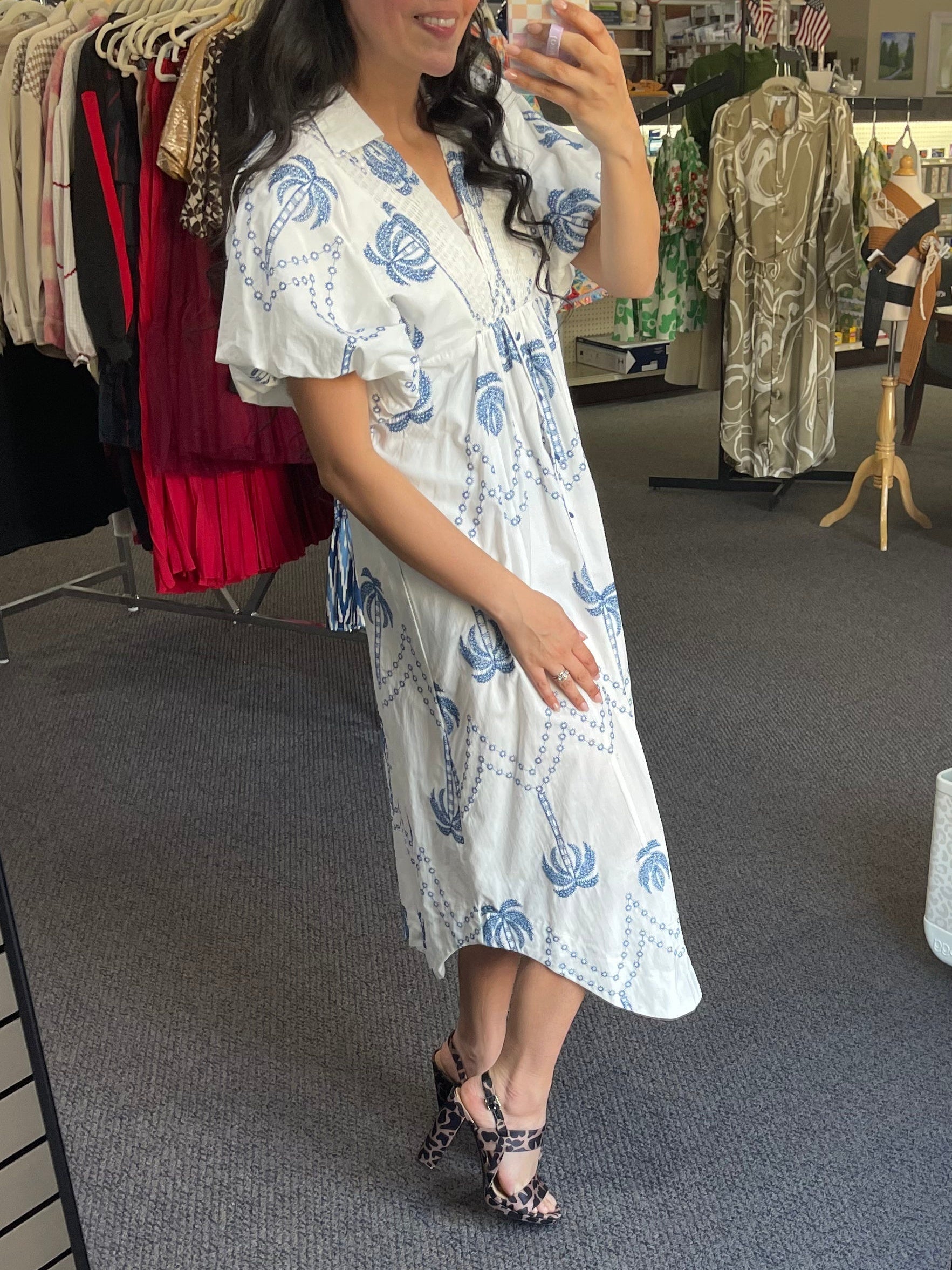 Tropical Palm Tree Print Midi Dress - Flowy, Vacation-Ready Style