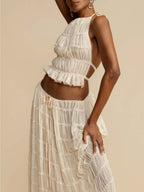 Chic Pleated Maxi Skirt with Drawstring Waist and Tiered Layers