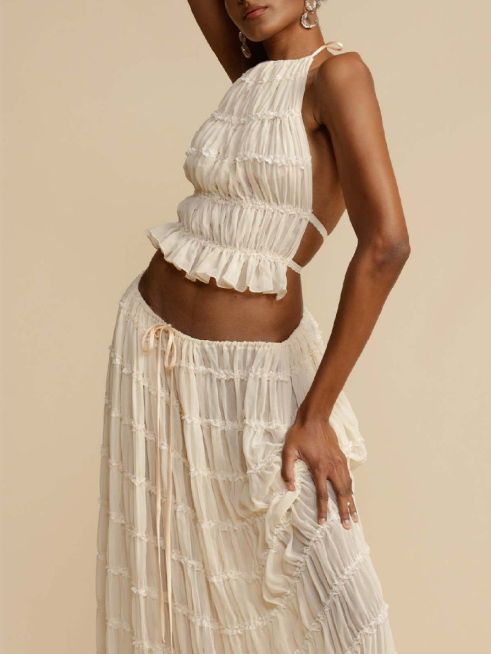 Chic Pleated Maxi Skirt with Drawstring Waist and Tiered Layers