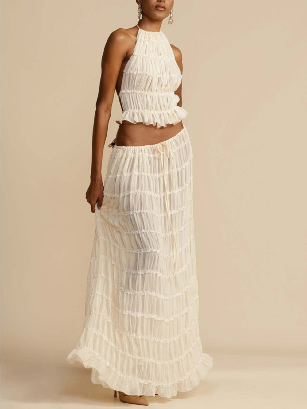 Chic Pleated Maxi Skirt with Drawstring Waist and Tiered Layers