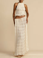 Chic Pleated Maxi Skirt with Drawstring Waist and Tiered Layers