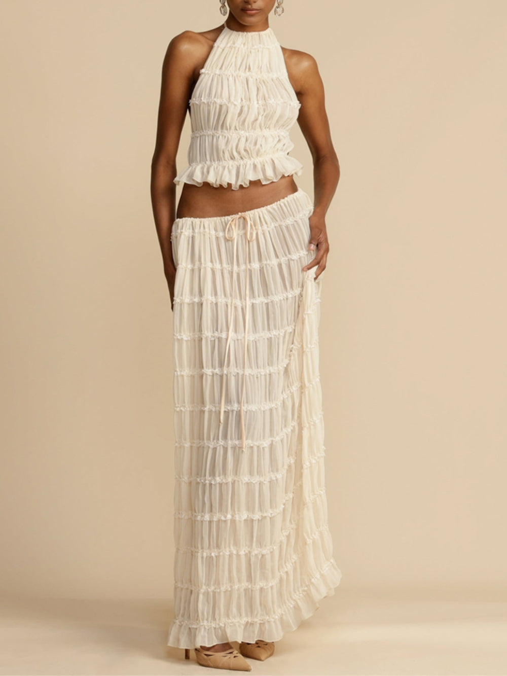 Chic Pleated Maxi Skirt with Drawstring Waist and Tiered Layers