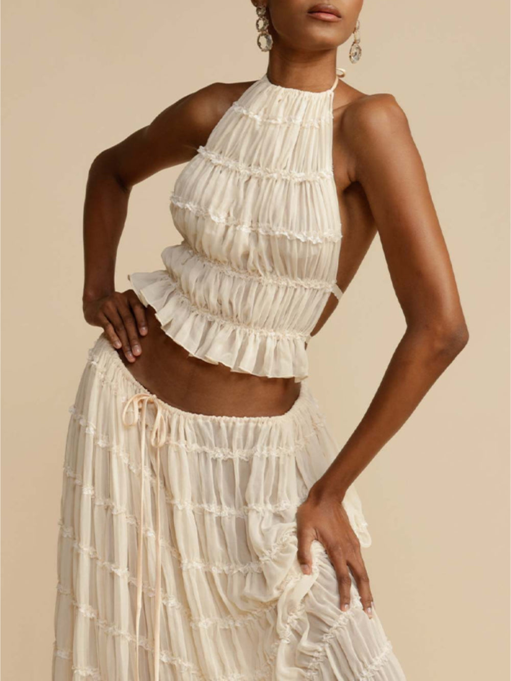 Chic Pleated Maxi Skirt with Drawstring Waist and Tiered Layers