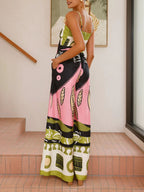 Unique Painted-Print Jumpsuit with Suspenders and Flowy Wide-Leg Silhouette