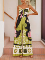 Unique Painted-Print Jumpsuit with Suspenders and Flowy Wide-Leg Silhouette