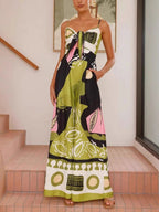 Unique Painted-Print Jumpsuit with Suspenders and Flowy Wide-Leg Silhouette