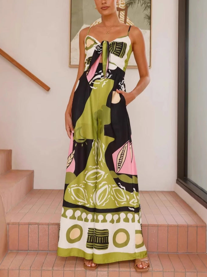 Unique Painted-Print Jumpsuit with Suspenders and Flowy Wide-Leg Silhouette