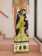 Unique Painted-Print Jumpsuit with Suspenders and Flowy Wide-Leg Silhouette