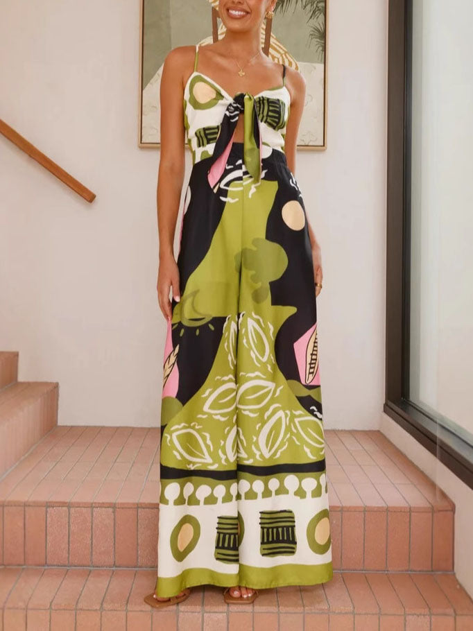 Unique Painted-Print Jumpsuit with Suspenders and Flowy Wide-Leg Silhouette