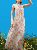 Chic Halter-Back Maxi Dress with Hand-Drawn Prints