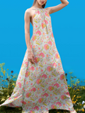 Chic Halter-Back Maxi Dress with Hand-Drawn Prints