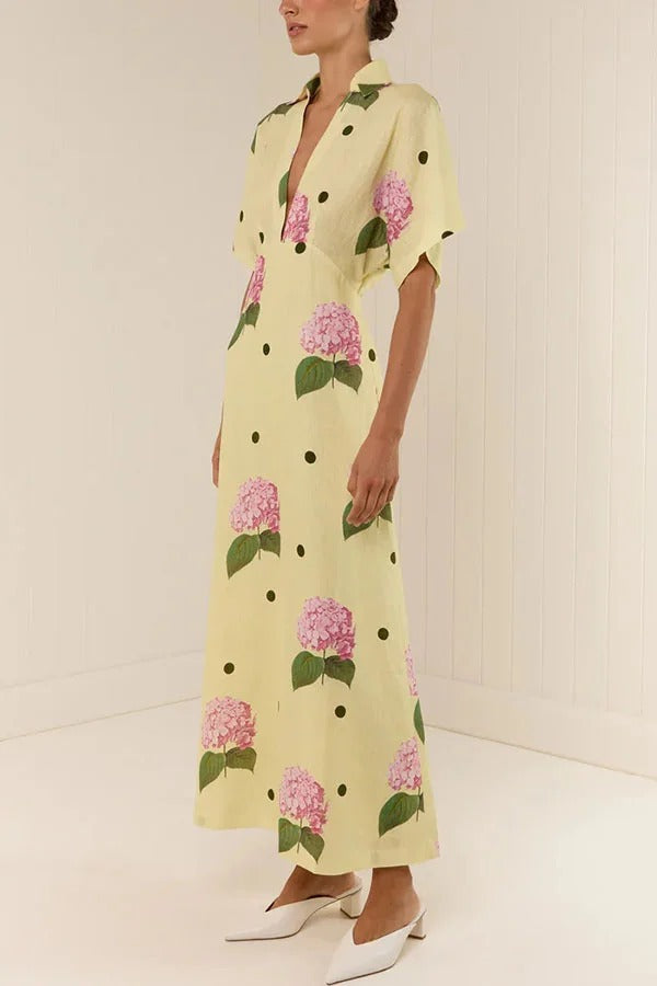 Jasmine Linen-Blend Floral Polka Dot Shirt-Style Maxi Dress with Wide Sleeves