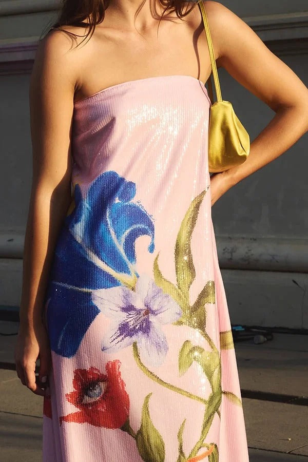 Glam Night Sequin Floral Print Off-Shoulder A-Line Maxi Dress