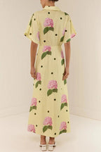 Jasmine Linen-Blend Floral Polka Dot Shirt-Style Maxi Dress with Wide Sleeves