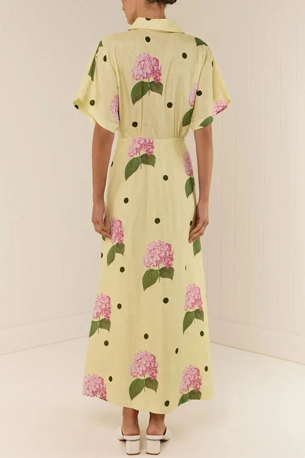 Jasmine Linen-Blend Floral Polka Dot Shirt-Style Maxi Dress with Wide Sleeves