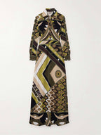 Retro-Inspired Abstract-Print Long-Sleeve Maxi Dress