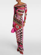 Retro-Inspired Abstract Print Hip-Wrap Maxi Dress