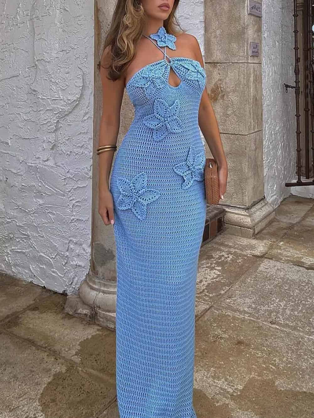 3D Flower-Embellished Halter-Neck Crochet Maxi Dress - Bodycon Fit
