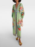 Delicate Floral V-Neck Midi Dress with a Single-Breasted Button Front