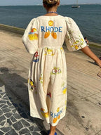 Folk Floral Print Puff-Sleeve Midi Dress – Unique Holiday Look