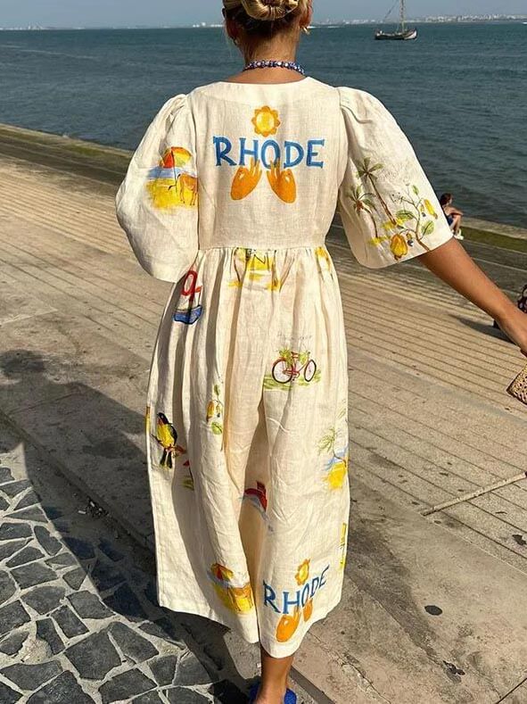 Folk Floral Print Puff-Sleeve Midi Dress – Unique Holiday Look