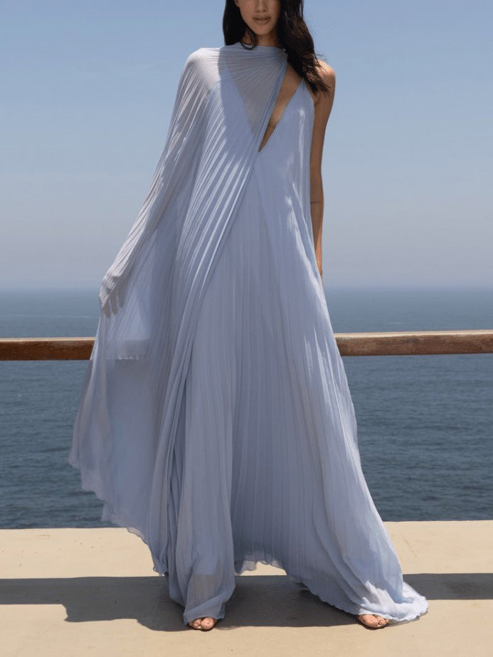 Glamorous V-Neck Pleated Maxi Dress with a Flowing Silhouette