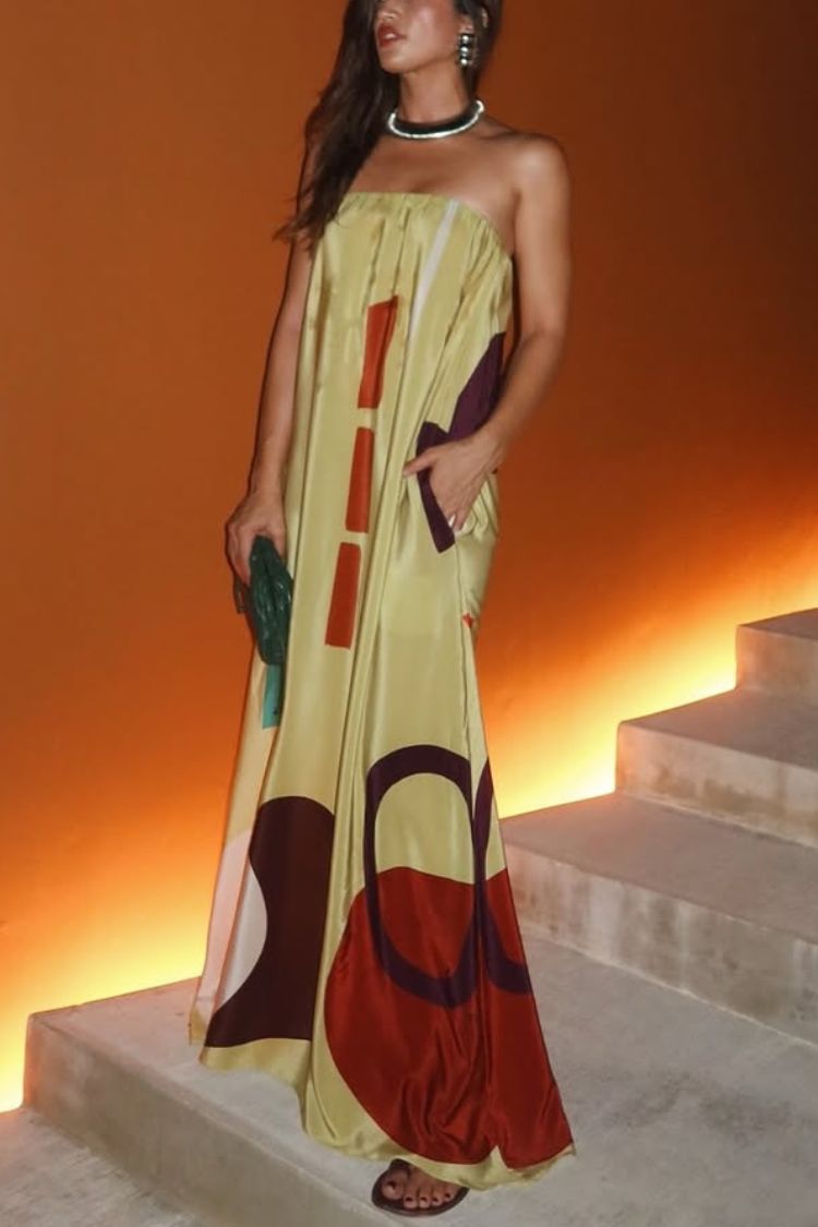 Miss Me Satin Maxi Dress - Unique Printed Off-Shoulder Design with Pockets, Relaxed Loose-Fit