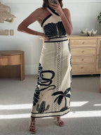 Chic Ethnic-Print Halter-Neck Maxi Dress in a Flattering Slim-Fit Silhouette