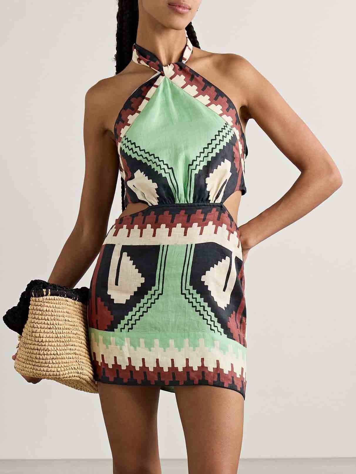 One-of-a-Kind Vintage Ethnic Print Backless Mini Dress