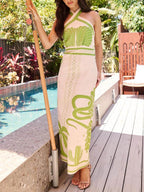 Chic Ethnic-Print Halter-Neck Maxi Dress in a Flattering Slim-Fit Silhouette