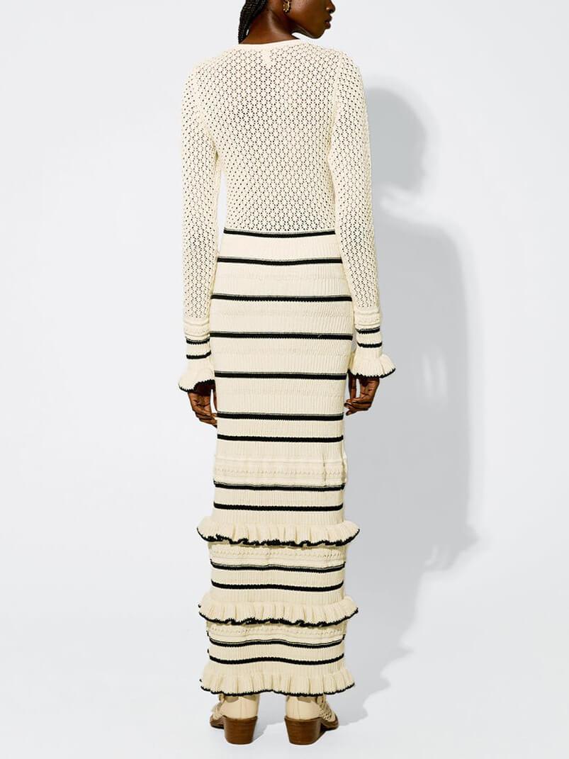 Chic Knit Stripe Ruffle Maxi Dress with Long Sleeves