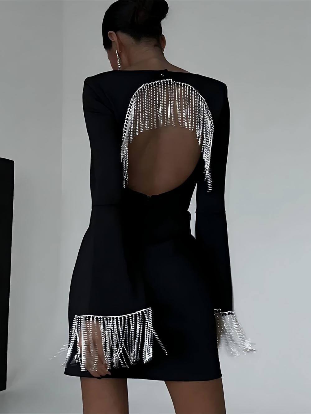 Party Time Sparkle: Imitation Diamond Chain Backless Mini Dress