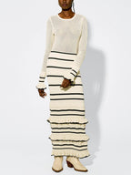 Chic Knit Stripe Ruffle Maxi Dress with Long Sleeves