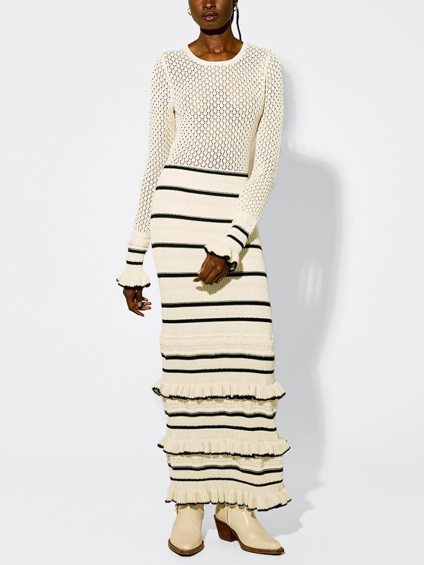 Chic Knit Stripe Ruffle Maxi Dress with Long Sleeves