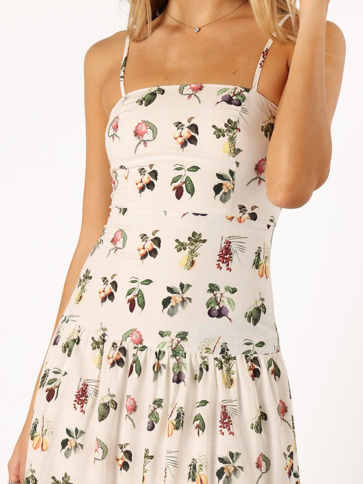 Vibrant Fruit-Print Floral Midi Dress