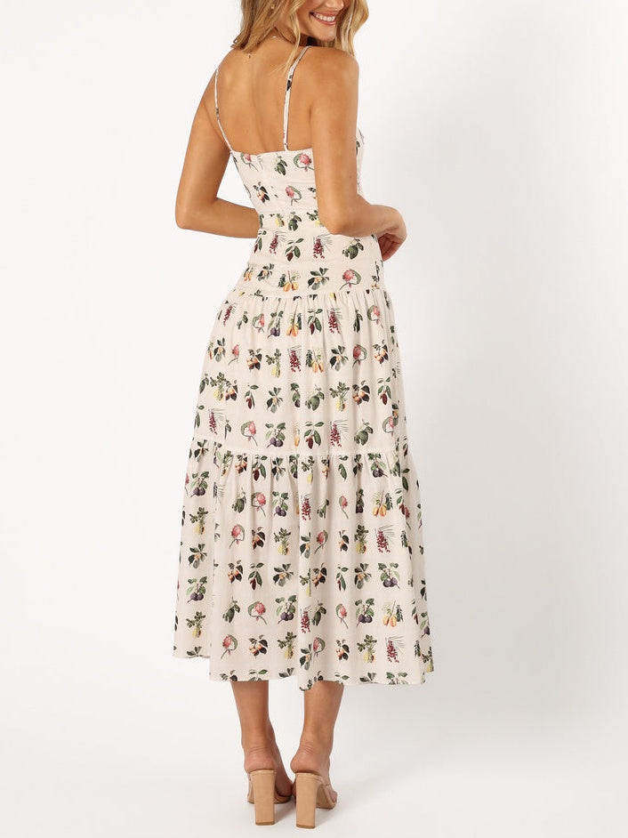 Vibrant Fruit-Print Floral Midi Dress