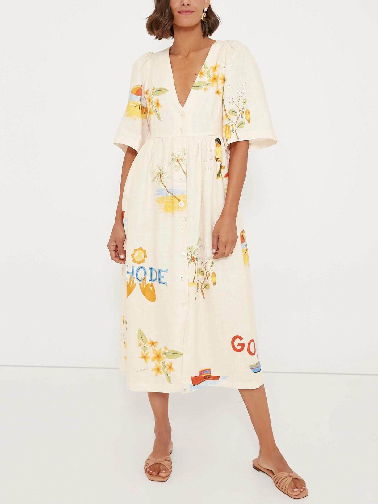 Folk Floral Print Puff-Sleeve Midi Dress – Unique Holiday Look