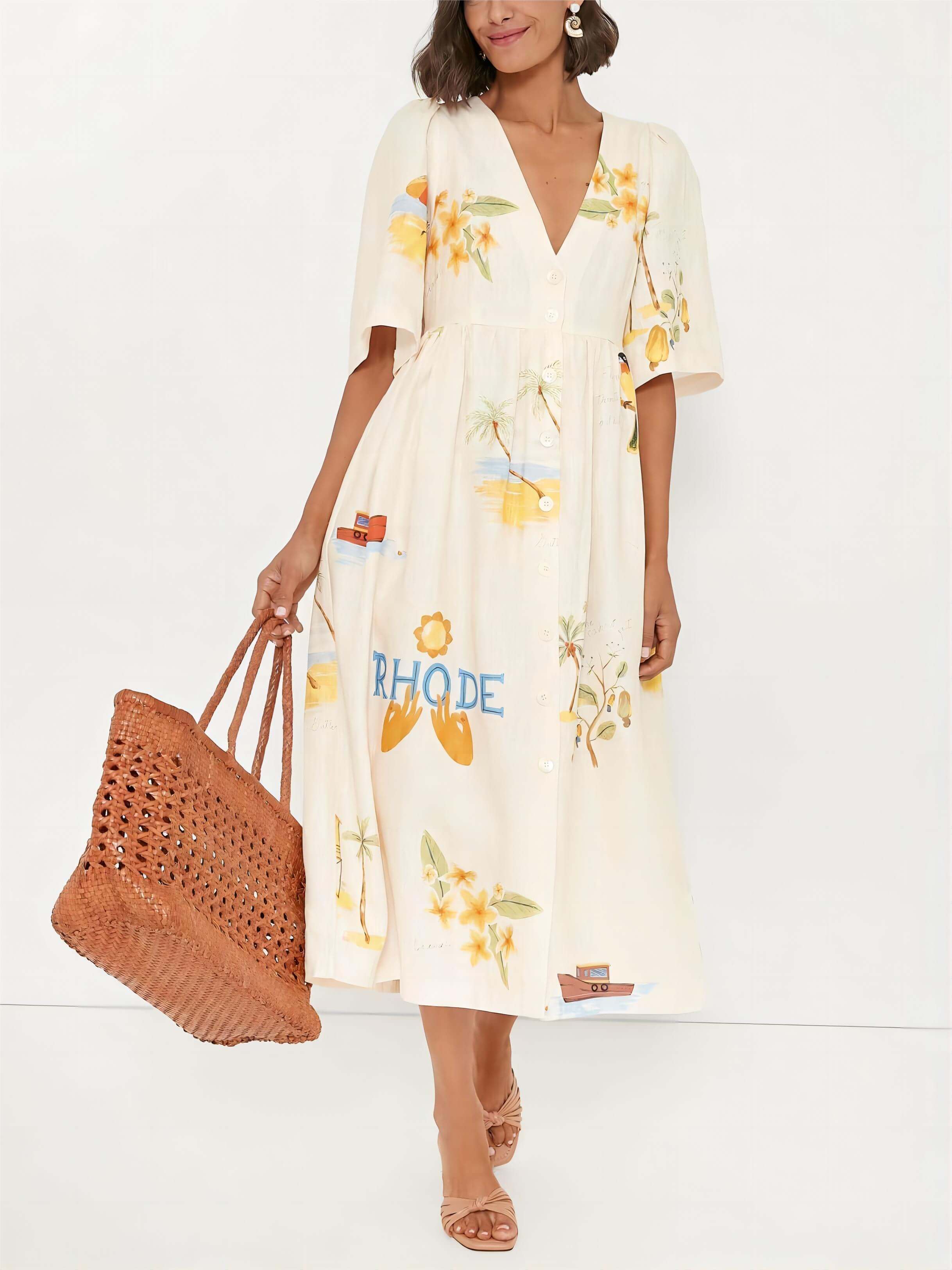 Folk Floral Print Puff-Sleeve Midi Dress – Unique Holiday Look